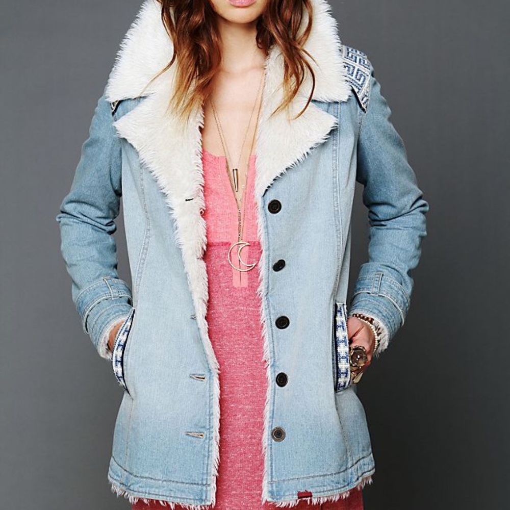 Free People Light Blue Jean Jacket with White Fur Lining